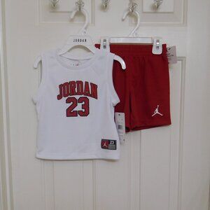 NWT 2pc Jordan White Red Logo Jersey & Shorts Set sz 24 months